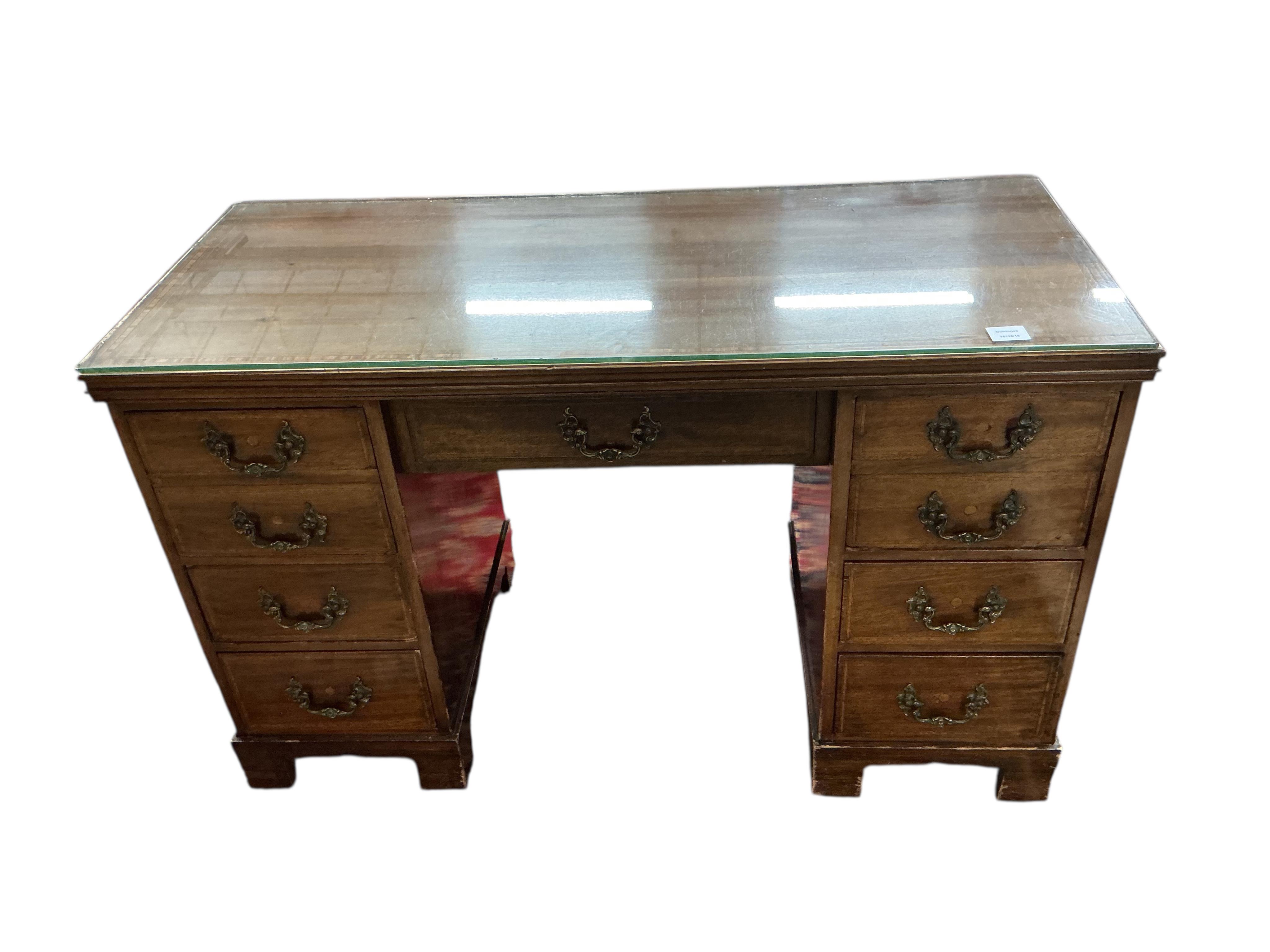 An Edwardian inlaid mahogany kneehole dressing table, width 120cm, depth 53cm, height 74cm